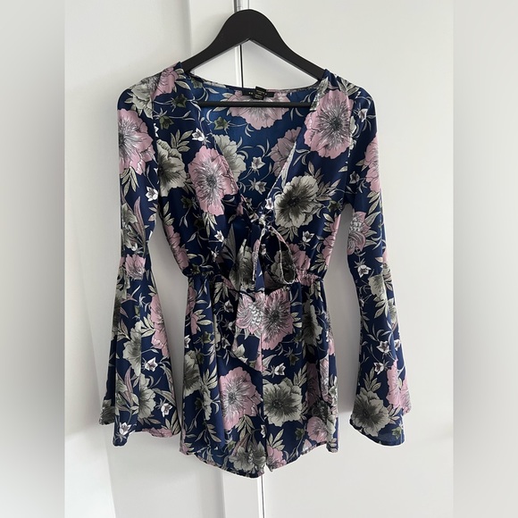 Navy Blue Front-Tie Floral Romper - Picture 1 of 2